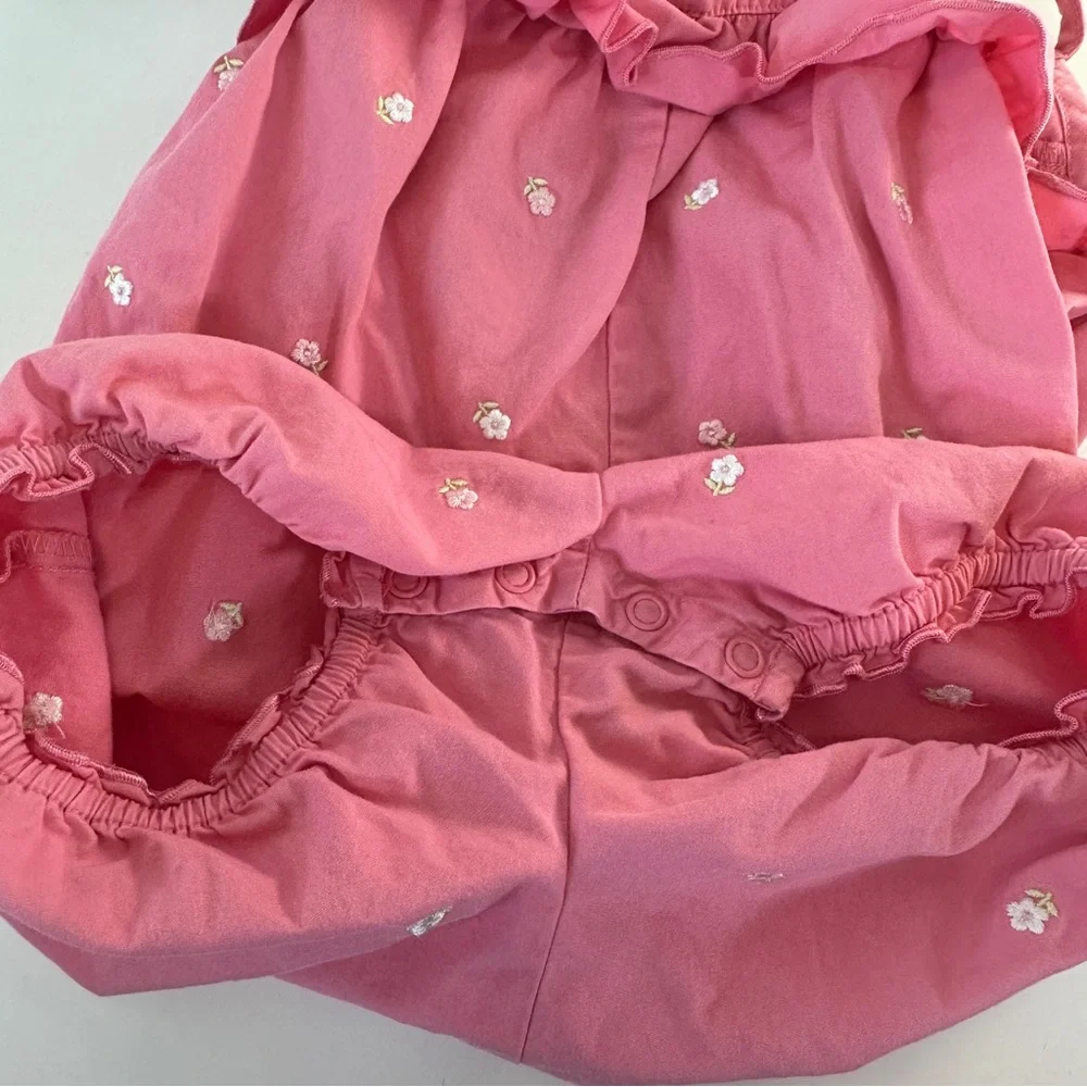 VTG Gymboree 18-24 MOS Romper Pink Embroidered Flower Ruffle Tank One Piece 2002